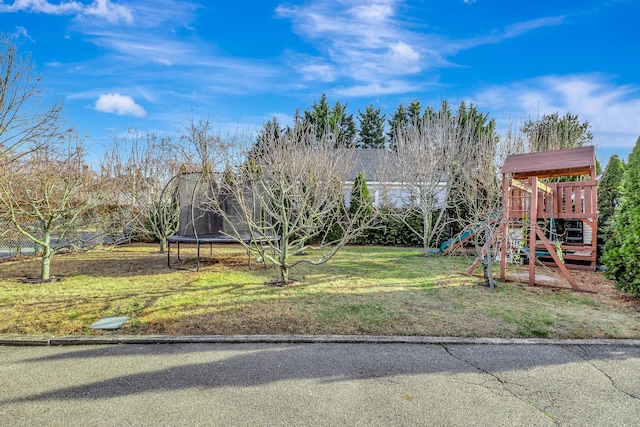 view of yard featuring a trampoline and a playground