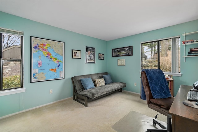 office space featuring carpet, plenty of natural light, and baseboards