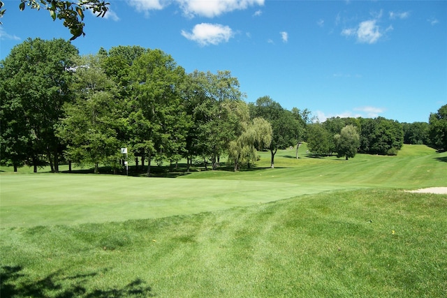 view of community with golf course view and a yard