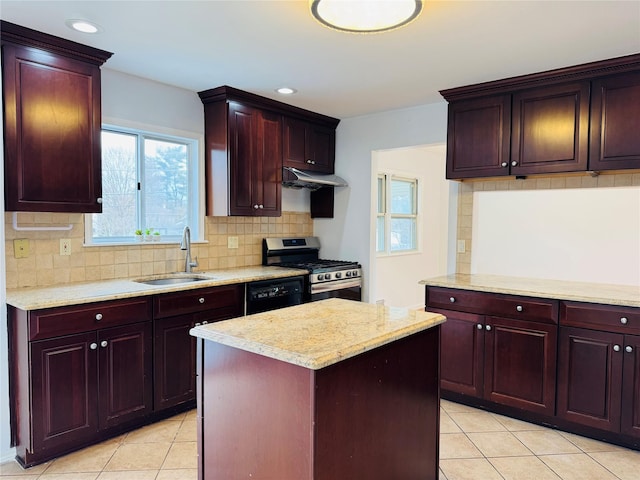 kitchen with a sink, black dishwasher, dark brown cabinets, and stainless steel gas range