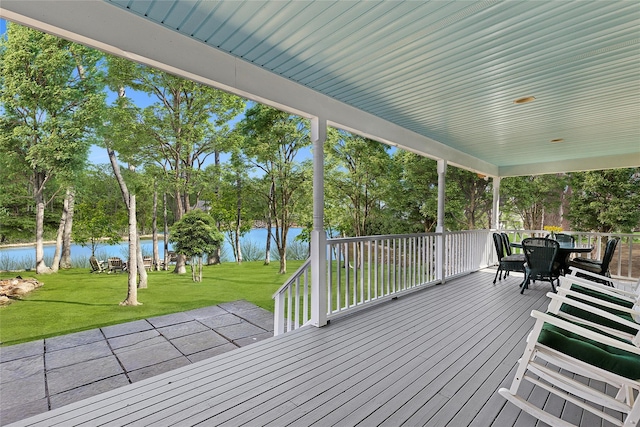 wooden deck with a water view and a yard