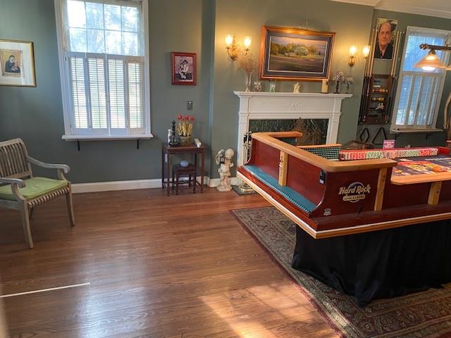 playroom featuring a fireplace and wood-type flooring