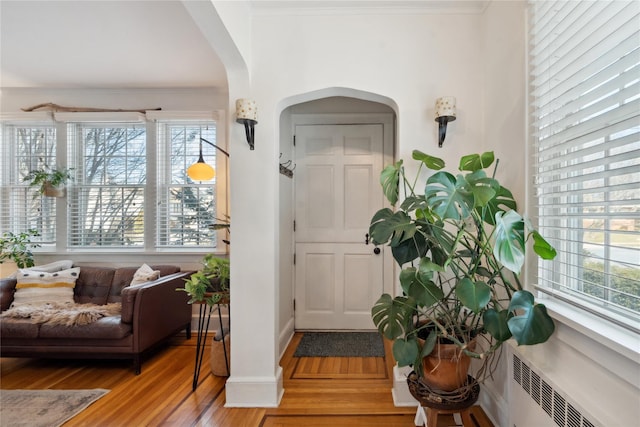 entrance foyer featuring arched walkways, a healthy amount of sunlight, wood finished floors, and radiator