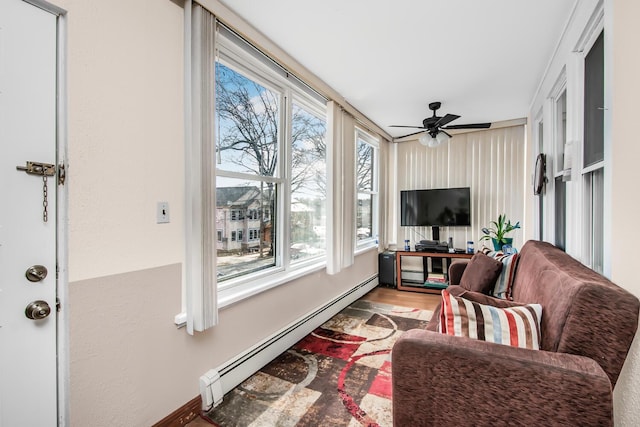 sunroom / solarium with ceiling fan and baseboard heating