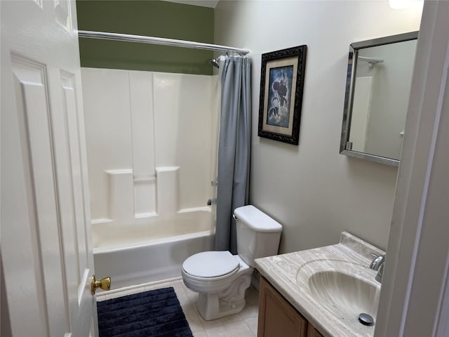 bathroom featuring toilet, tile patterned floors, shower / tub combo with curtain, and vanity