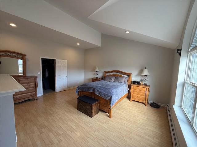 bedroom with baseboards, a baseboard radiator, light wood-type flooring, high vaulted ceiling, and recessed lighting