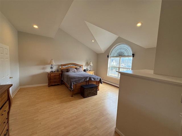 bedroom featuring recessed lighting, a baseboard heating unit, baseboards, vaulted ceiling, and light wood-style floors