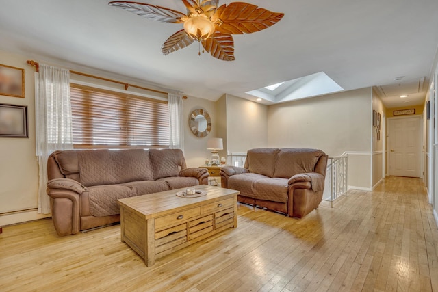 living room featuring light hardwood / wood-style flooring, a skylight, and ceiling fan