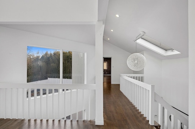 corridor featuring dark wood-type flooring, a skylight, and high vaulted ceiling