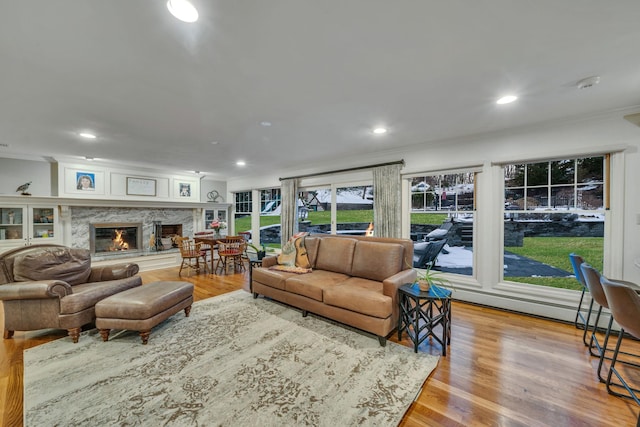 living room with crown molding, light wood-type flooring, and a high end fireplace