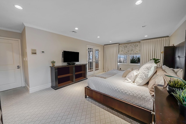 carpeted bedroom featuring crown molding and french doors