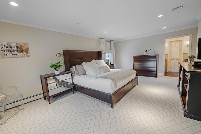 bedroom with crown molding and a baseboard heating unit