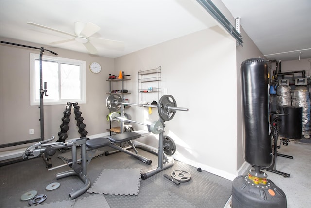 workout area featuring ceiling fan