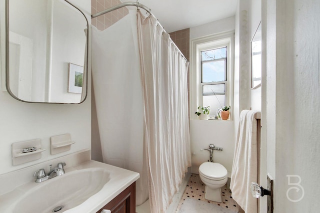 bathroom with vanity, walk in shower, and toilet