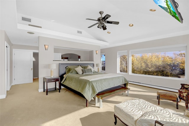 carpeted bedroom featuring lofted ceiling, a baseboard heating unit, and ceiling fan