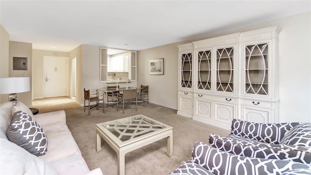 living room with light colored carpet and electric panel