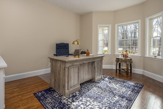 home office with dark hardwood / wood-style flooring