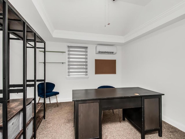 office space with baseboards, crown molding, an AC wall unit, and carpet flooring