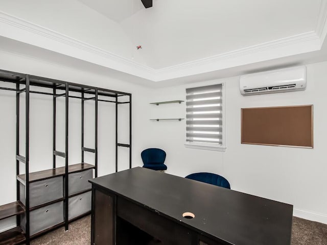 office featuring carpet, a wall mounted air conditioner, and crown molding
