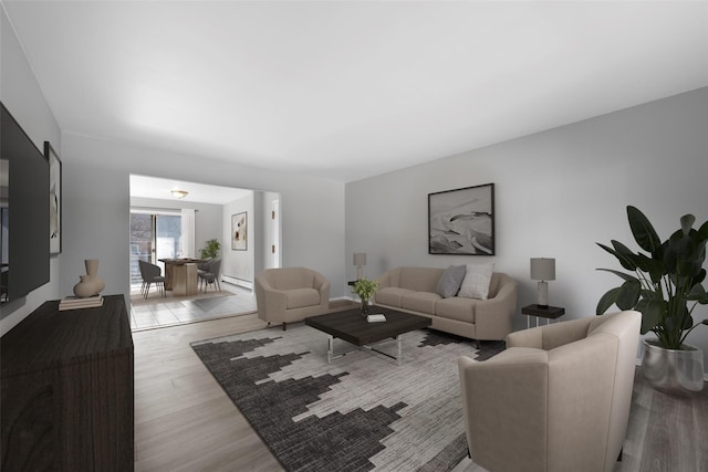 living room featuring a baseboard radiator and light hardwood / wood-style floors