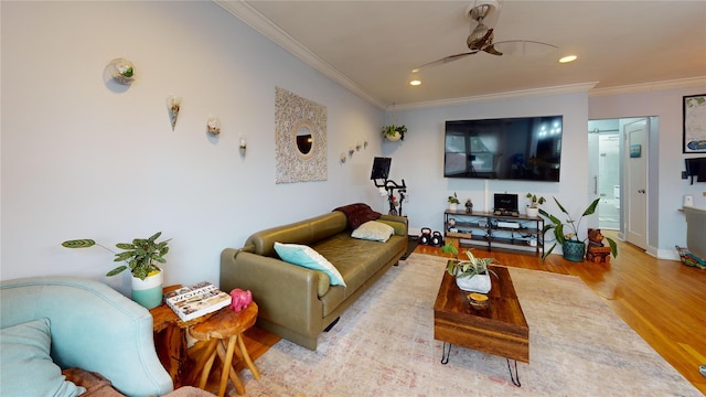 living room featuring crown molding and light wood-type flooring