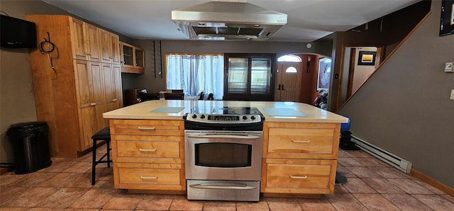 581 Hessinger Lare Rd, Jeffersonville, NY 12748 - kitchen with stainless steel electric range, a baseboard heating unit, wall chimney range hood, light countertops, and glass insert cabinets