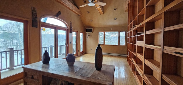 581 Hessinger Lare Rd, Jeffersonville, NY 12748 - unfurnished office with baseboard heating, hardwood / wood-style floors, ceiling fan, and high vaulted ceiling