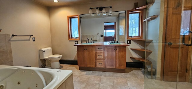 581 Hessinger Lare Rd, Jeffersonville, NY 12748 - full bath with double vanity, a jetted tub, a stall shower, recessed lighting, and tile patterned floors