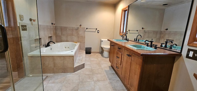581 Hessinger Lare Rd, Jeffersonville, NY 12748 - full bathroom featuring a jetted tub, double vanity, tile patterned flooring, and a stall shower