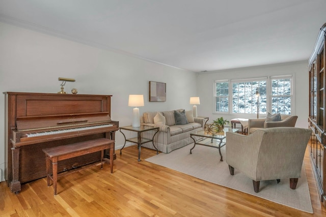 living room featuring crown molding and light wood-type flooring