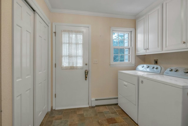 washroom with washer and clothes dryer, ornamental molding, cabinets, and baseboard heating