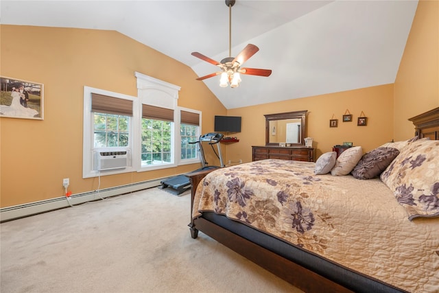 bedroom with a baseboard radiator, lofted ceiling, cooling unit, carpet, and ceiling fan