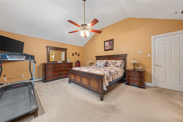 bedroom with lofted ceiling, ceiling fan, light carpet, and a baseboard radiator