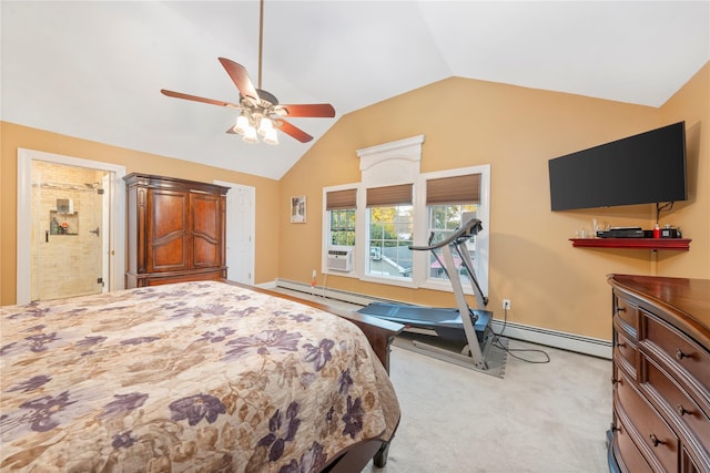 carpeted bedroom featuring cooling unit, ceiling fan, lofted ceiling, and a baseboard heating unit