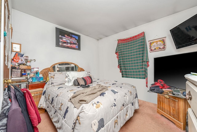 bedroom featuring light colored carpet