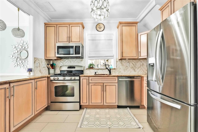 192 Bch 74th St, Arverne, NY 11692 - kitchen with stainless steel appliances, decorative backsplash, a sink, light tile patterned floors, and light stone countertops