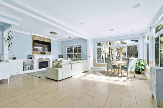 192 Bch 74th St, Arverne, NY 11692 - living area featuring ornamental molding, a fireplace, and baseboards