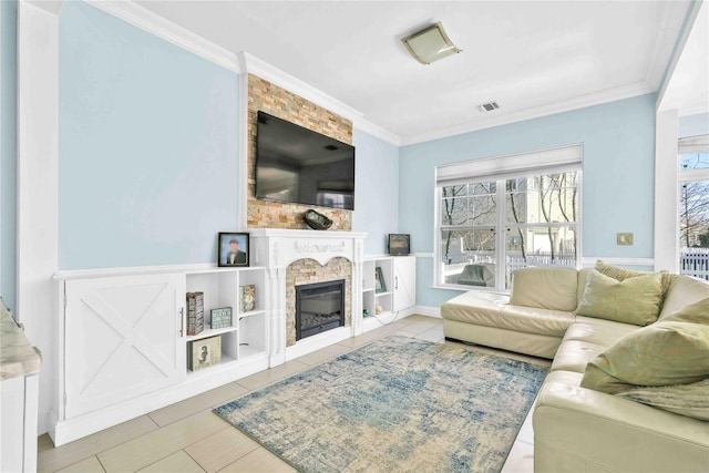 192 Bch 74th St, Arverne, NY 11692 - tiled living room with ornamental molding and a fireplace