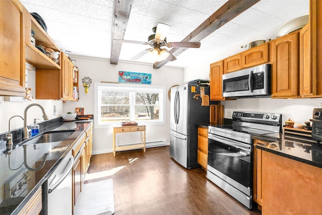 kitchen featuring a ceiling fan, dark wood-style flooring, baseboard heating, stainless steel appliances, and a sink