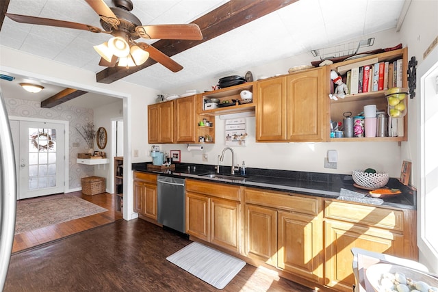 kitchen featuring dark wood finished floors, dishwasher, beamed ceiling, open shelves, and a sink