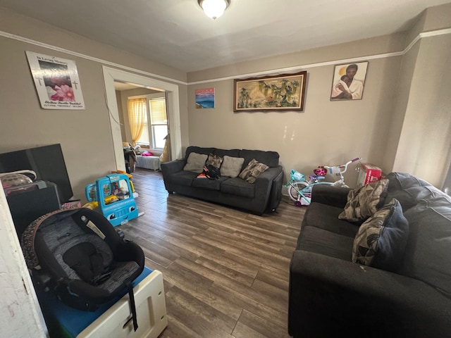 37 Maple Ave, Hempstead, NY 11550 - living room featuring dark wood-style floors and radiator heating unit