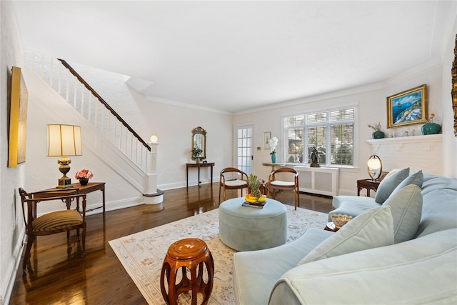 living room with radiator, crown molding, and dark hardwood / wood-style floors