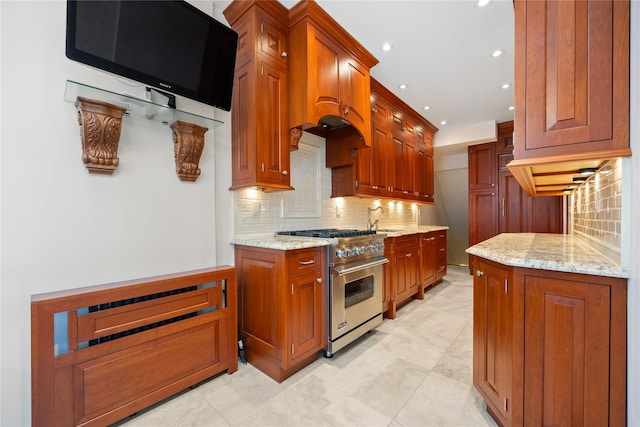 kitchen featuring light stone countertops, sink, stainless steel stove, and backsplash