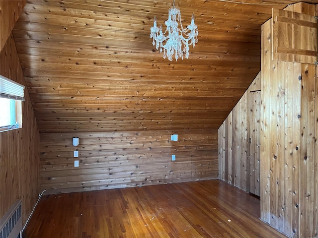 bonus room featuring hardwood / wood-style flooring, a notable chandelier, and wood walls