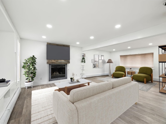 living room with a fireplace and light hardwood / wood-style flooring