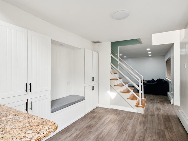 interior space featuring a baseboard radiator and hardwood / wood-style floors