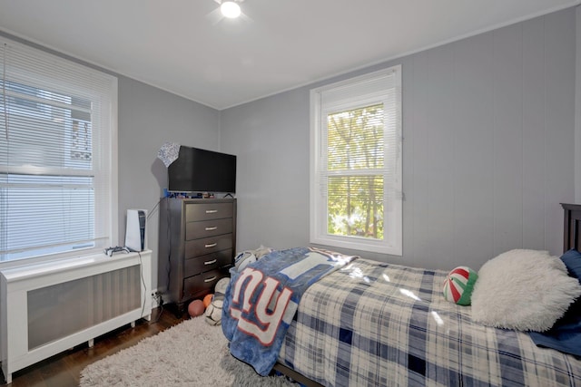 bedroom with dark wood-type flooring and radiator heating unit