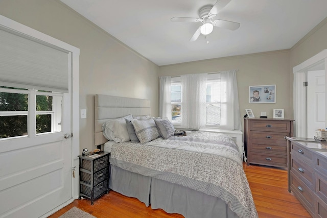 bedroom featuring crown molding, ceiling fan, and light wood-type flooring