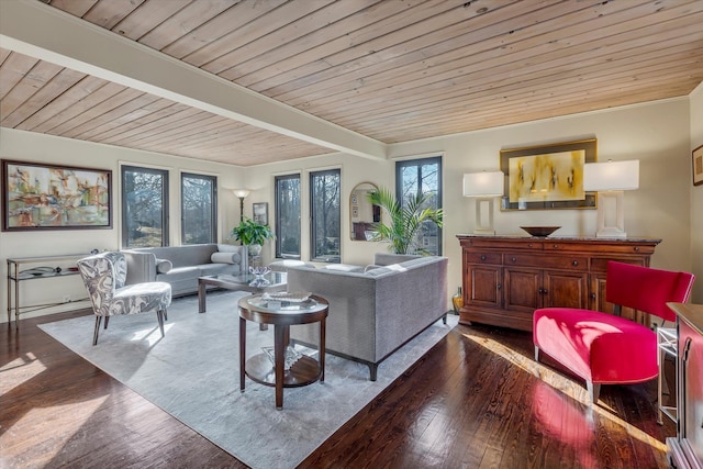 living room with beam ceiling, wooden ceiling, and dark hardwood / wood-style floors