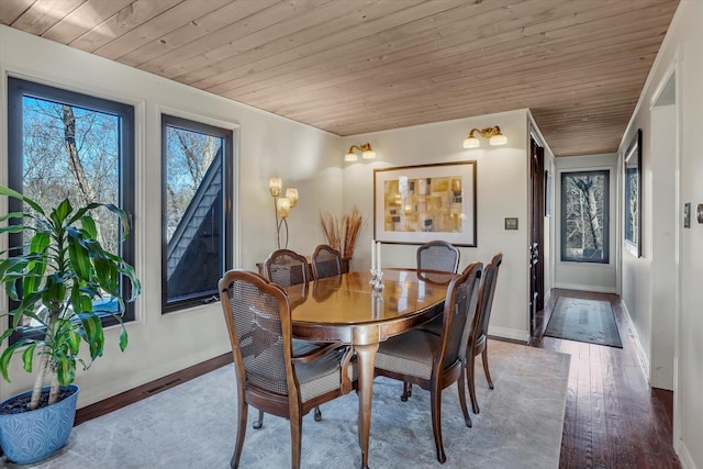 dining room with wood ceiling and light hardwood / wood-style floors